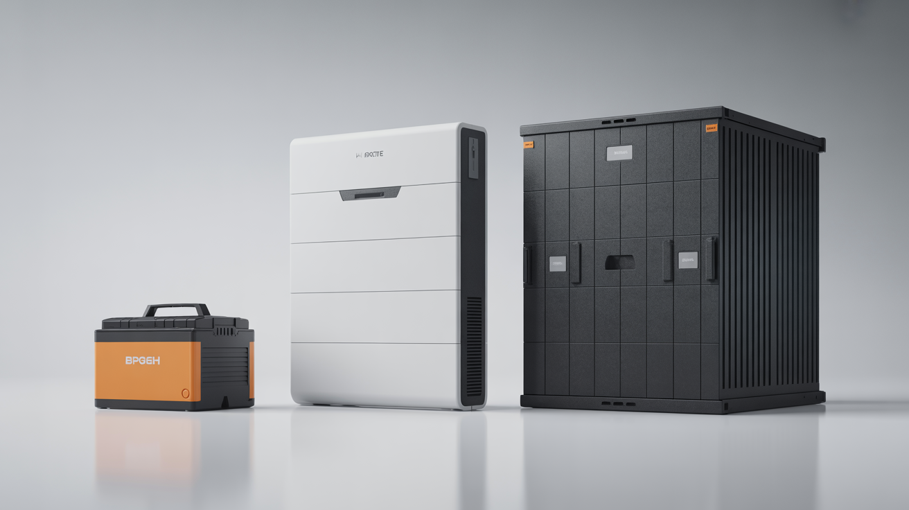 Three battery systems compared: portable, wall-mount, and commercial