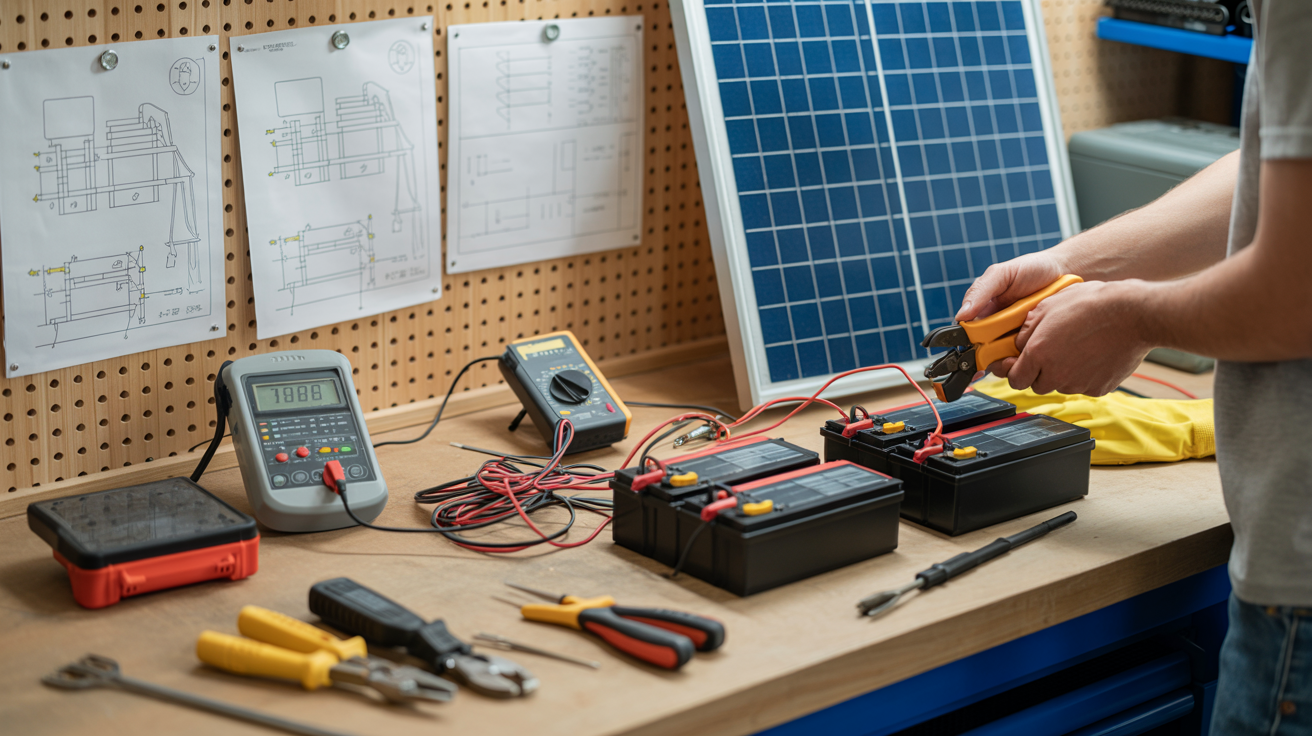 Infographic showing DIY solar battery storage system components and energy flow from panels to home backup.