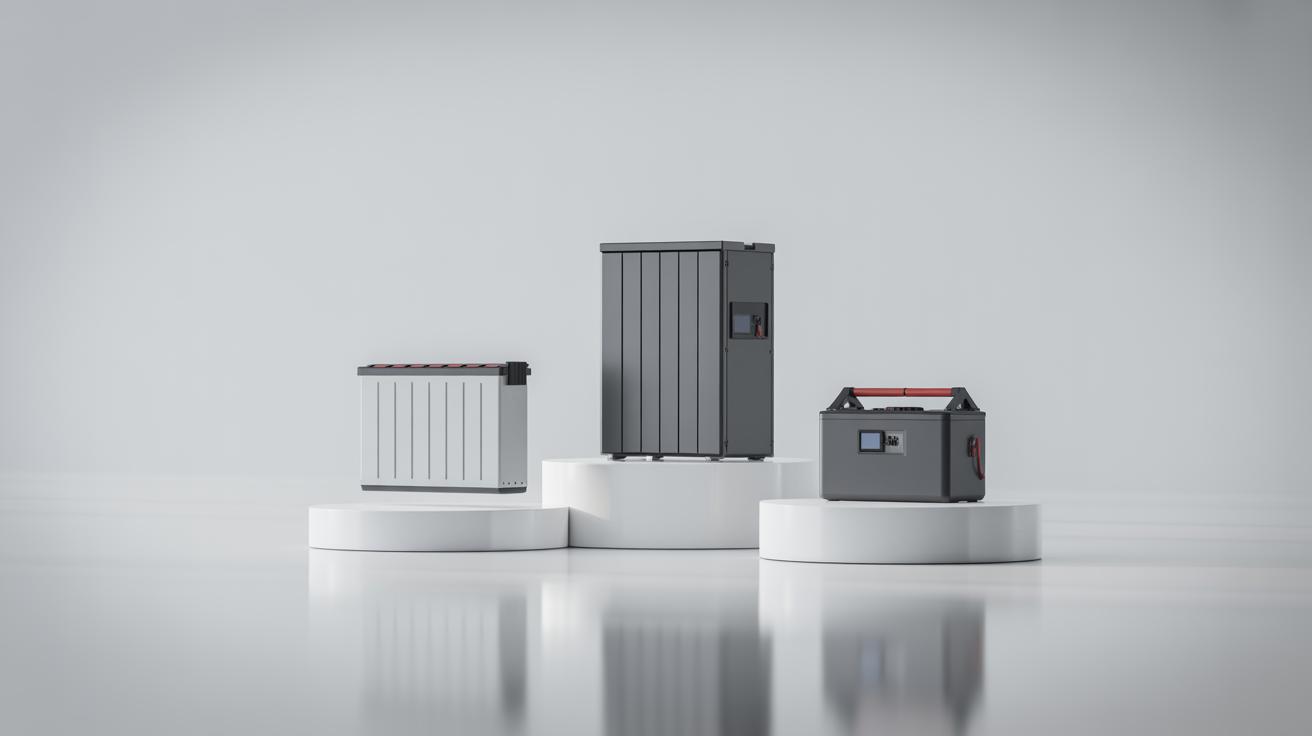 3D render of stackable modular battery storage system in modern residential garage setting.