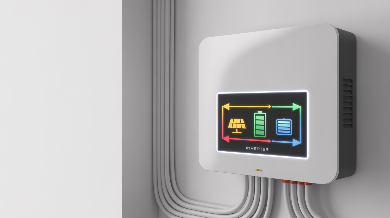 3D render of wall-mounted SMA battery storage system in modern home garage with solar panels visible.